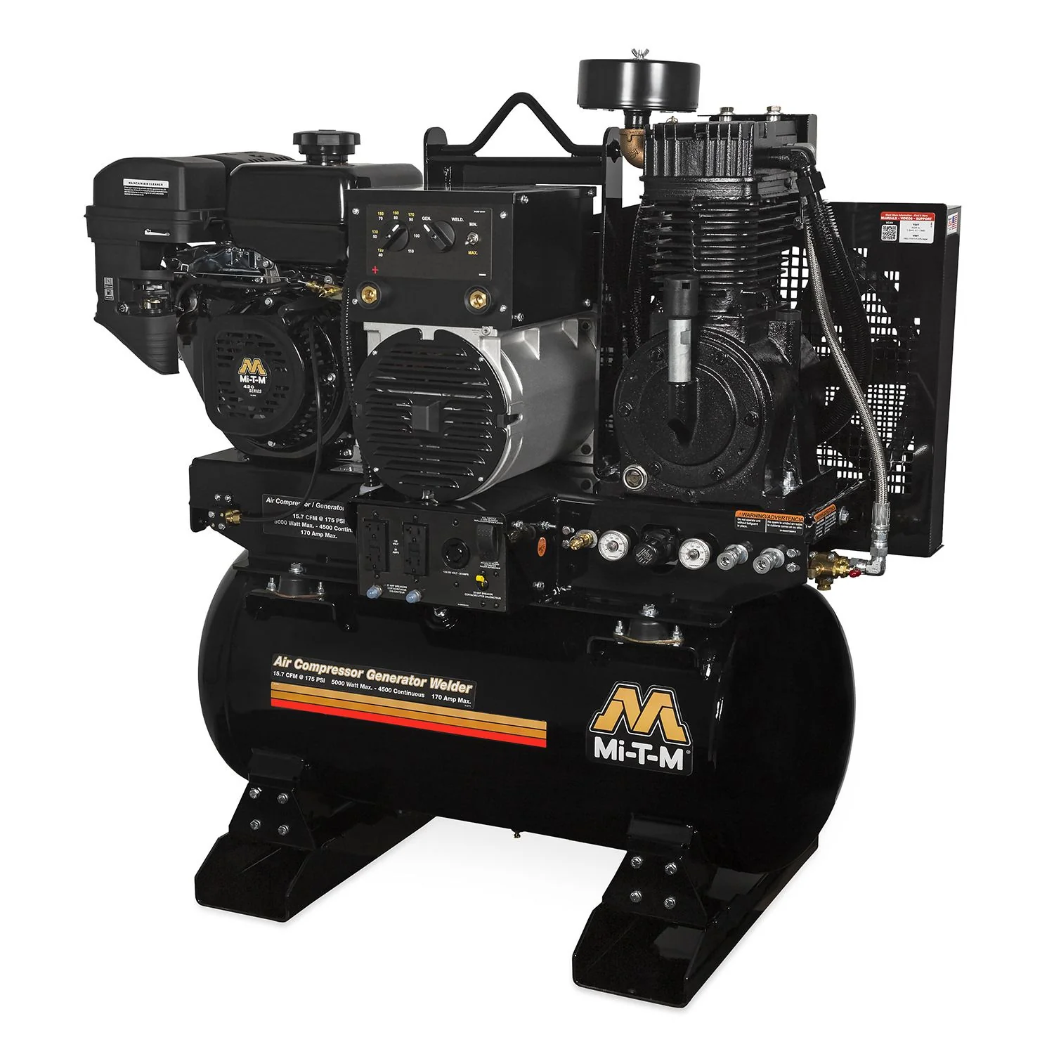 Mi-T-M Two Stage Gasoline 16.4 CFM @ 90 PSI - 15.7 CFM @ 175 PSI -420cc Mi-T-M OHV with Electric Start - Battery and Battery Cables Not Included - Ysert