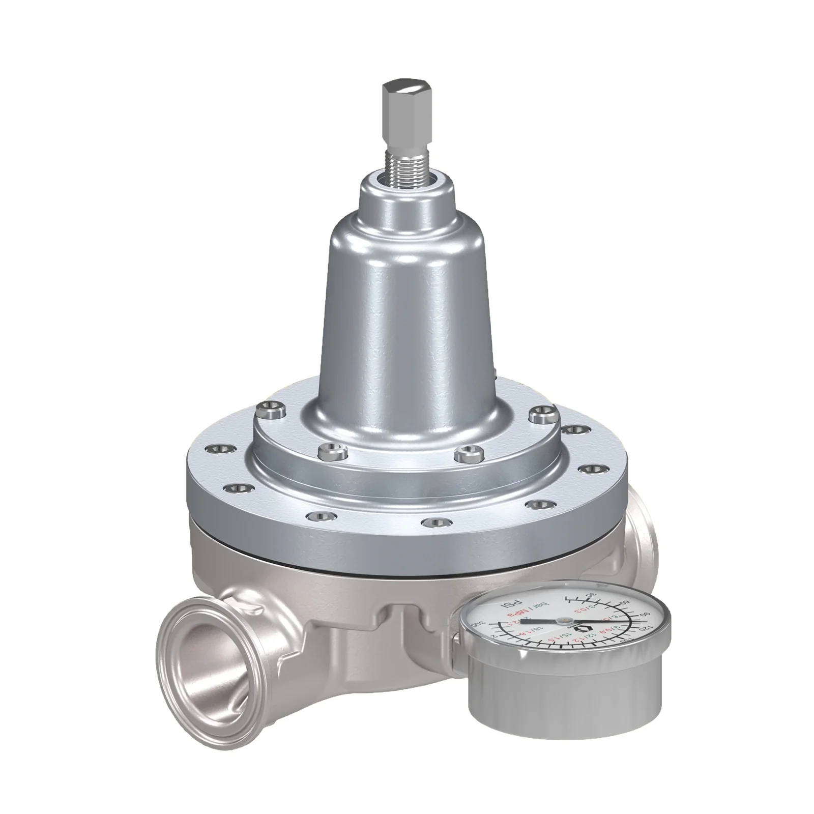 Low Shear Fluid Back Pressure Regulator, 300 Max psi, 25 gpm Max flow rate, SST, Mechanical, high wear, sanitary inlet/outlet - Ysert