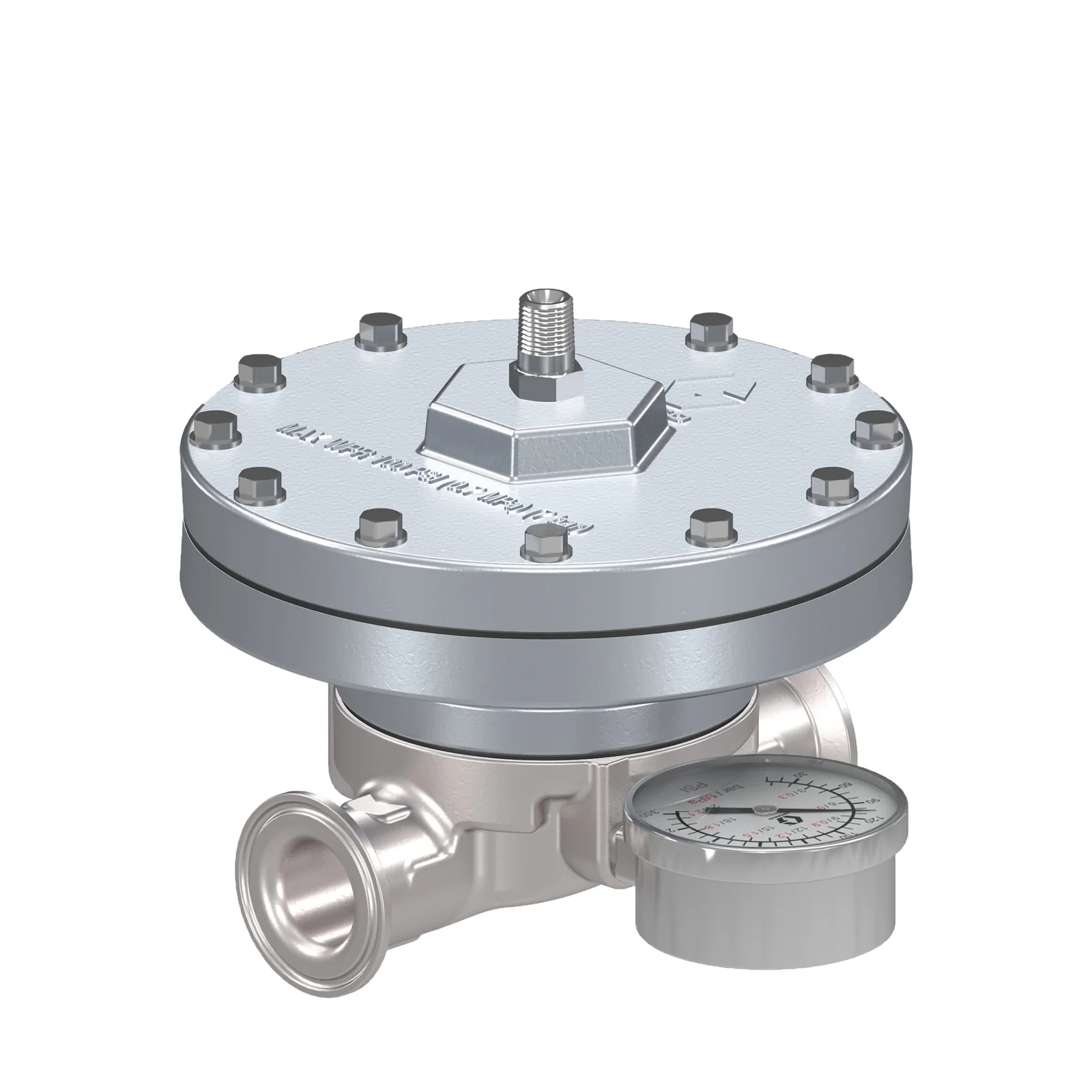 Low Shear Fluid Back Pressure Regulator, 300 Max psi, 10 gpm Max flow rate, SST, Pneumatic, high wear, sanitary inlet/outlet - Ysert