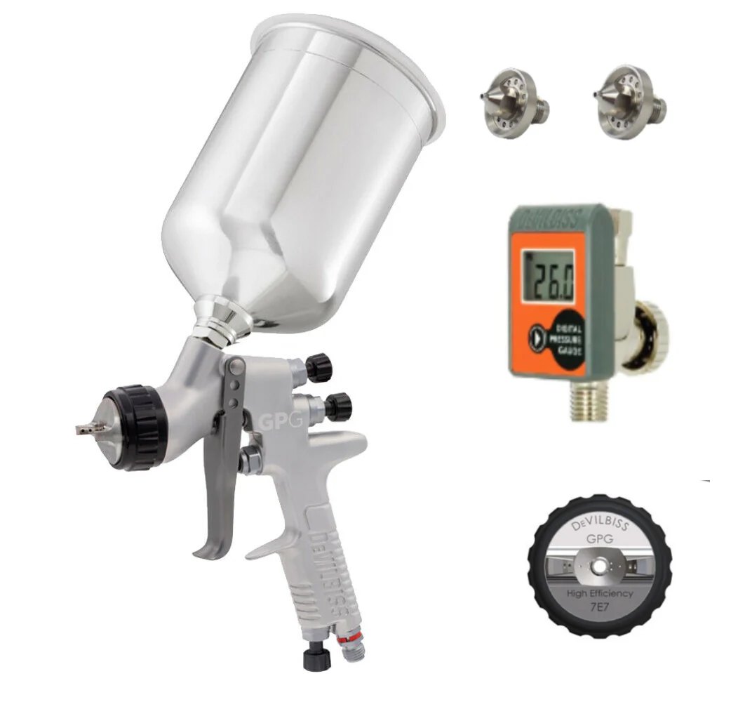 Devilbiss GPG Gravity High Efficiency Gun Kit - 7E7 Air Cap 1.2mm,1.4mm Nozzles & 900ml, Aluminum Cup w/ HAV-555 Gauge - Ysert