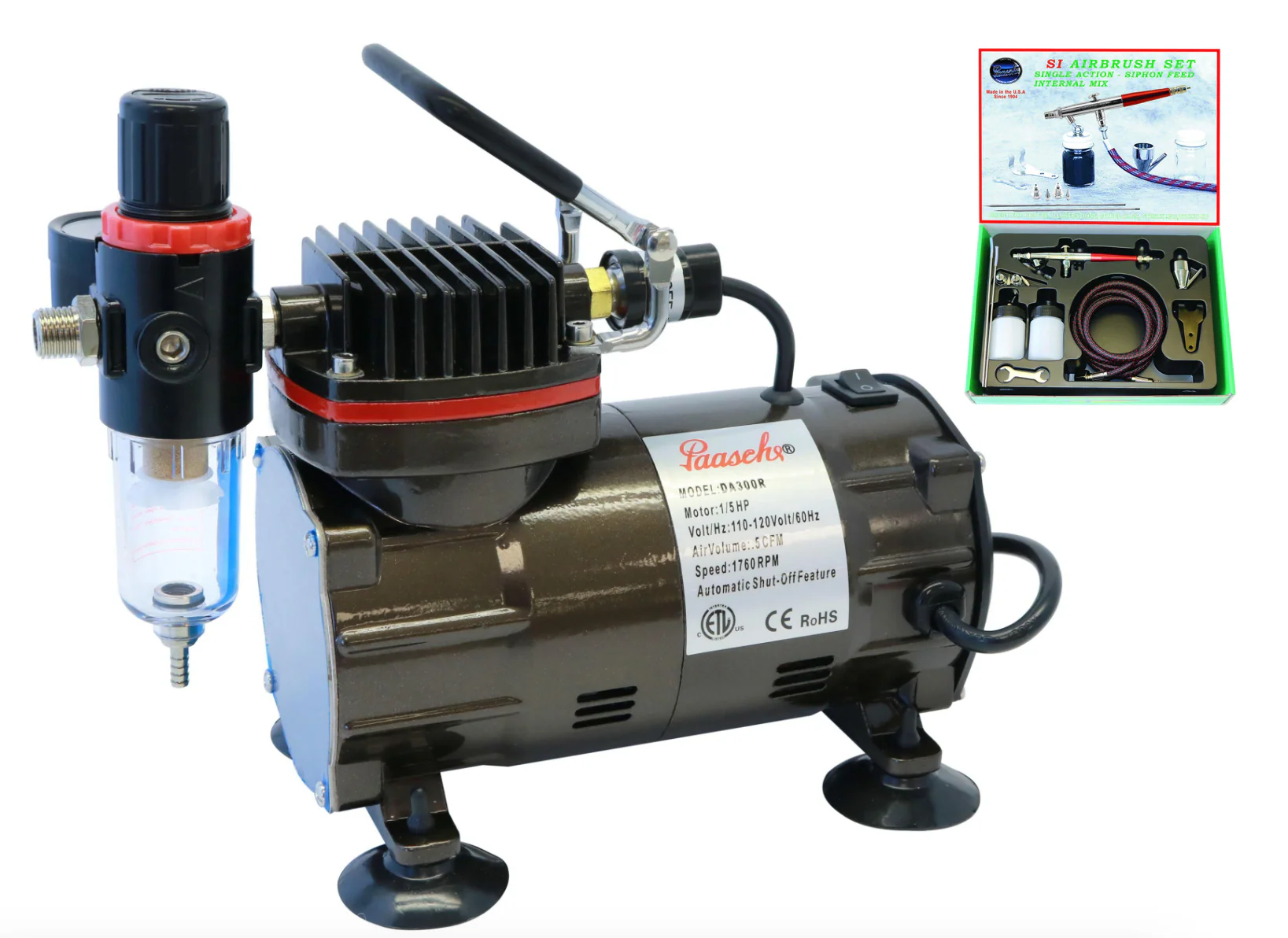 Paasche DA300R 1/5 HP Compressor {Black} w/ Single Action Internal Mix Set - Ysert