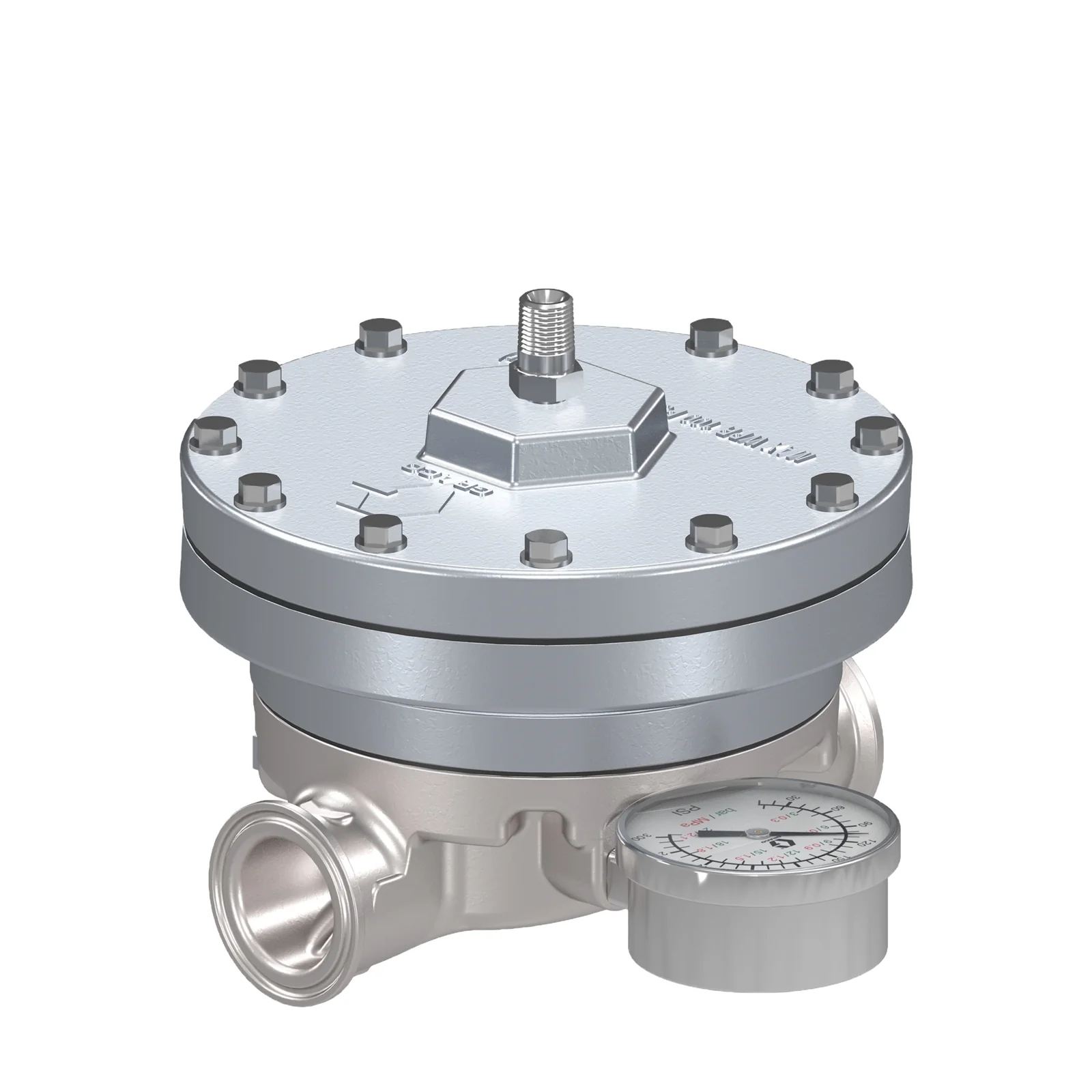 Low Shear Fluid Back Pressure Regulator, 300 Max psi, 25 gpm Max flow rate, SST, Pneumatic, high wear, sanitary inlet/outlet - Ysert