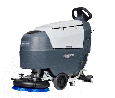 Advance SC401 17BD Two 98 Ah maint-frre (gel) batteries, onboard charger and prolene brush, Scrubber - Ysert