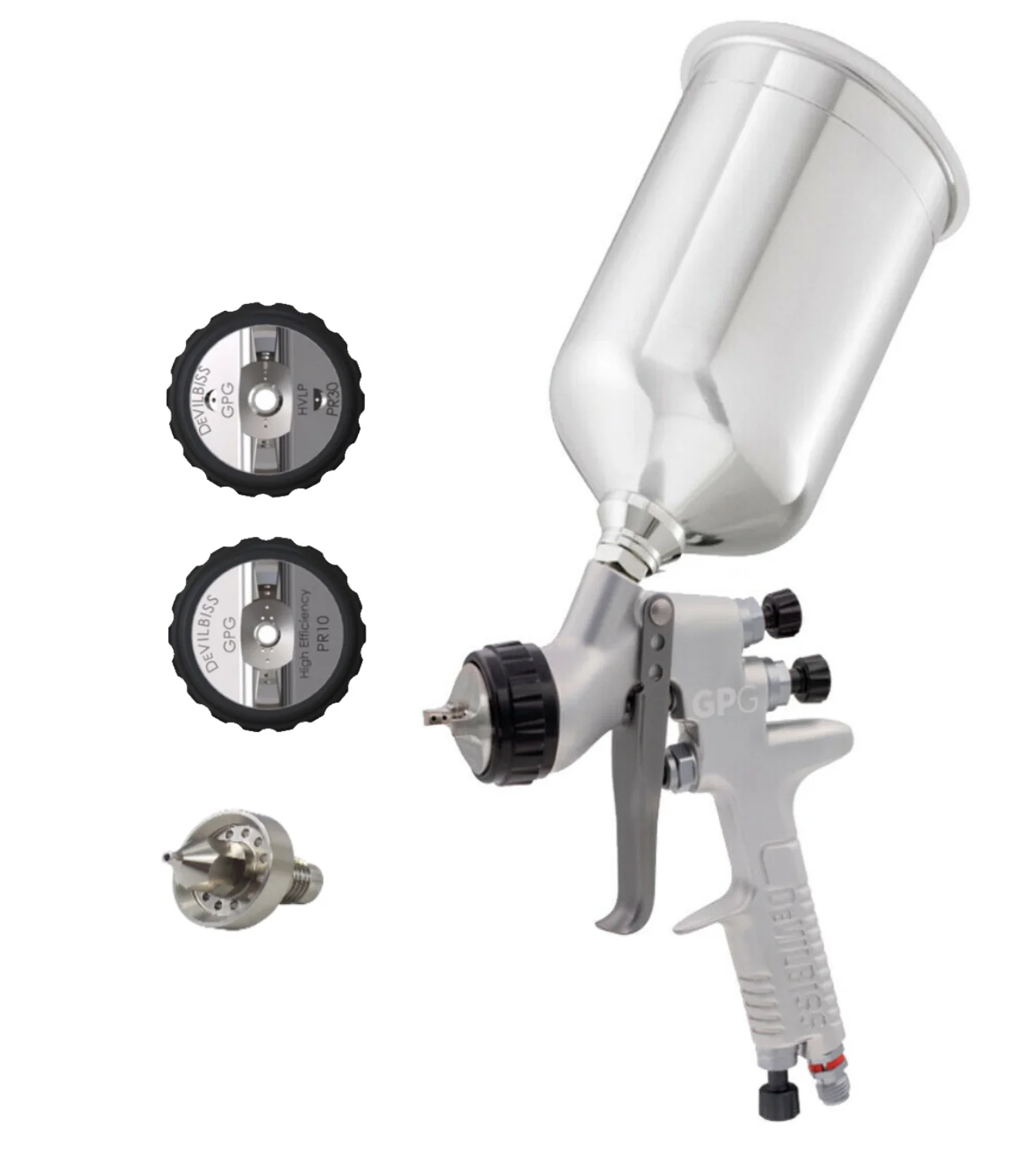 Devilbiss GPG Gravity HVLP & High Efficiency Gun Kit - PR10 & PR30 Air Cap 2.5mm Nozzles & 900ml, Aluminum Cup (No Gauge) - Ysert