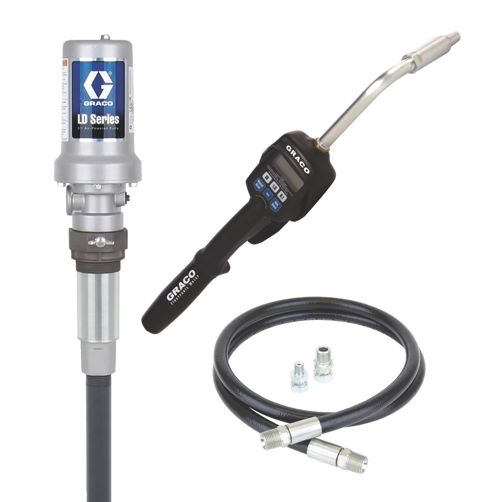 Graco LD Series 5:1 Stationary 55 Gallon (200 Liter) Oil Pump Package - Preset Meter, Flex Extension, BSPP - Ysert