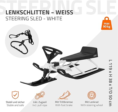 Slitta con Volante e Freno in Acciaio per Bambini a Partire da 5 anni Bob da Neve con Sedile e Schienale Slittino da Corsa Skibob per Adulti fino a 90 kg con Corda di Trazione - Ysert