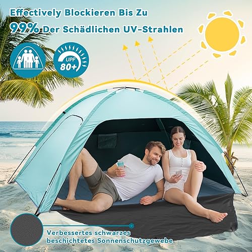 Tenda da Spiaggia, Tilenvi Parasole Spiaggia per 3-4 Persone, Protezione UV 80+ Tenda Mare Portatile, Istantanee Tende Familiari per Vacanza in Spiaggia Campeggio Pesca Picnic - Ysert