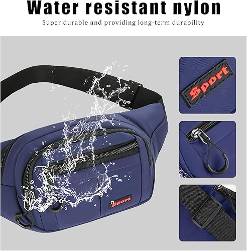 Marsupio Uomo Donna Unisex, Marsupio Sportivo Grande con 4 Zip Tasche, Marsupio con Cinturino Regolabile e Fibbia a Sgancio Rapido, per Allenamento All'aperto Escursionismo Campeggio, Blu - Ysert