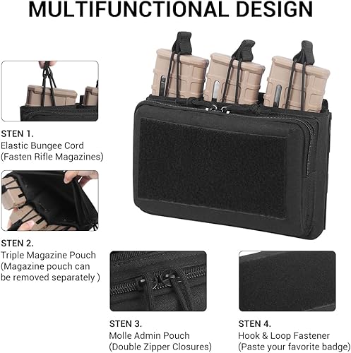 Bustina di amministrazione tattica Mag,Pochette Molle tripla aperta sulla parte superiore con 3 toppe a ganci e fibbie per Mag 223/5.56 - Ysert