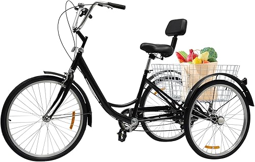 24 pollici triciclo per adulti, 6 marce 3 ruote Cruiser bicicletta con schienale e cestello, 3 ruote bicicletta regolabile per adulti per attività all'aperto - Ysert
