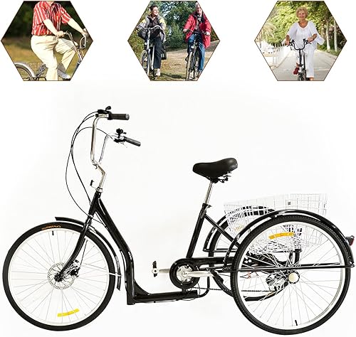 Triciclo da 26 pollici per adulti, triciclo da città a 6 marce, bicicletta per il tempo libero, triciciclo con cestino, ruote antiscivolo e resistenti all'usura, per shopping, viaggi, picnic - Ysert