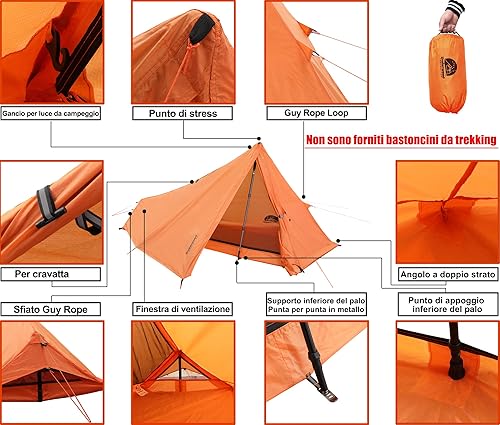 Tenda da Campeggio per 1/2 Persone - Tenda da Trekking Ultraleggera, Tenda Impermeabile, Tenda Compatta con Dimensioni ridotte per bicicletta, motociclo(Senza Bastoncini da Trekking) - Ysert