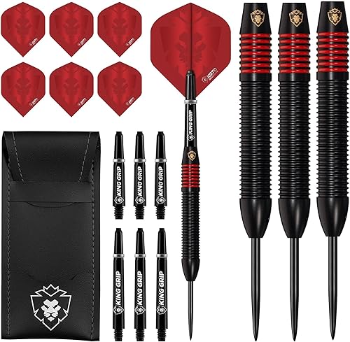 KOTO - Freccette Kingprove Nero & Rosso in Ottone 22 G, 3 Barili, Alette + Aste & Portafoglio per Freccette - Ysert