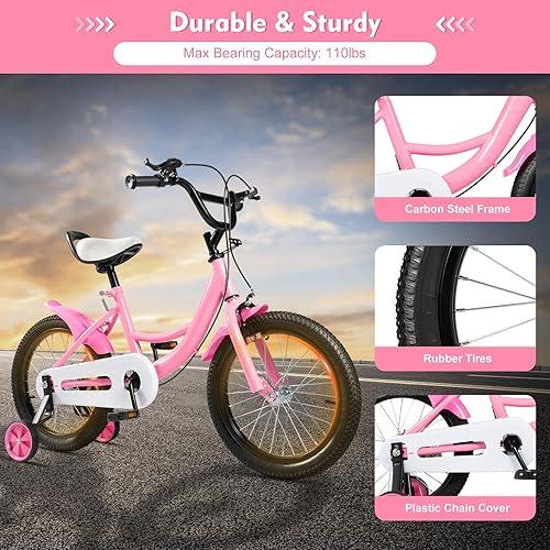 16 Pollici Bici per Bambino,Bicicletta Rosa con Ruota Ausiliare,Freno a Mano e Retropedale, 5-8 Anni Bambini Biciclette - Ysert