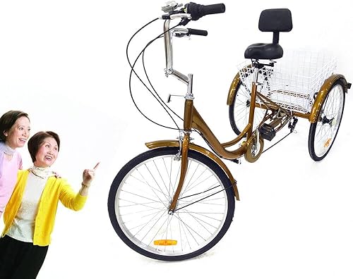 24', triciclo per adulti, 6 marce, bici cruiser a 3 ruote, con cestello grande, per attività all'aperto, shopping, tempo libero, picnic, per donne, uomini, anziani - Ysert