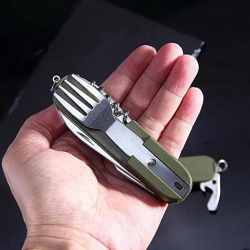 Posate da campeggio pieghevoli in acciaio inox, 2 posate pieghevoli da campeggio, colore verde, set di posate da viaggio pieghevole 6 in 1 - Ysert