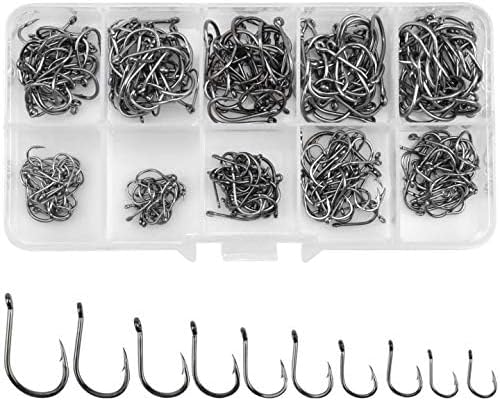 Amo da Pesca, 300 Pz Ami da Pesca in 10 Dimensioni, Amo da Pesca Occhiello, Ganci Spinato, Ami da Pesca in Acciaio al Carbonio con Scatola di Plastica, 3# - 12# - Ysert
