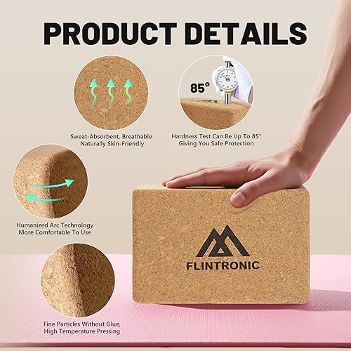Flintronic Mattoncini Yoga Sughero 100% Naturale, 2 PCS Blocchi Yoga con Elastici Fitness, per Meditazione e Pilates, 22,5x14,5x7,5 CM - Ysert