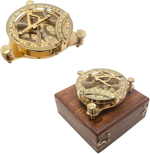 Bussola Sundial in ottone con scatola di legno, design antico, strumento nautico - Ysert