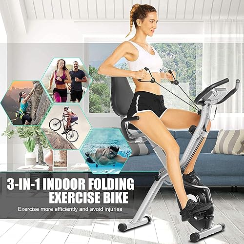 Cyclette, cyclette pieghevole con attacco app, 10 livelli di resistenza regolabili e cardiofrequenzimetro, perfetto per allenamento a casa cardio grigio nero - Ysert