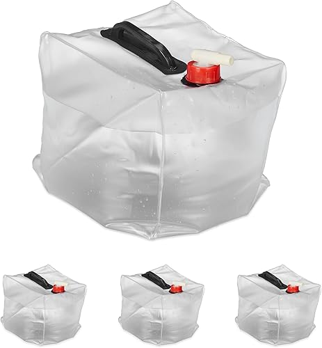 Relaxdays Set da 4 Taniche Pieghevoli, in Plastica Senza BPA, con Manici, Rubinetto, Tappo a Vite, da 10 L, Trasparente, 25 x 23 x 23 cm - Ysert