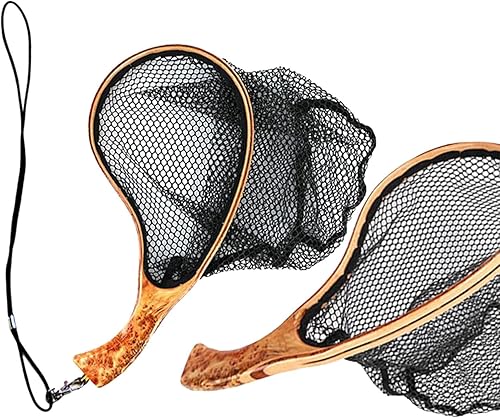 Rete da pesca a mosca, Guadino da pesca - Rete da trota per attrezzi da pesca - Guadino per pesci con manico in legno, attrezzatura da pesca per laghetto, rete per spigole sicura per i pesci, - Ysert