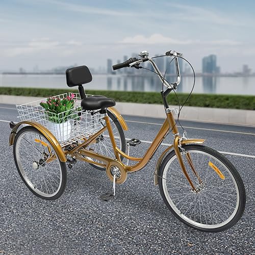 Bicicletta da carico da 24 pollici, 6 marce, triciclo pieghevole con cestino per la spesa, triciclo per adulti, bici con luce a LED, porta bicchiere - Ysert