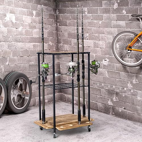 Porta Canne da Pesca, 3 Livelli Supporto per Canna da Pesca con Ruote, Legno Carrello Portacanne Girevole, Contiene Fino a 10 Canne da Pesca di Tutti i Tipi, per Garage, Casa Ingresso Angolo - Ysert