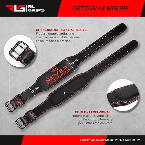 RL Grips® Cintura da Palestra in Pelle per Bodybuilding - Supporto Lombare Imbottito in Pelle per Sollevamento Pesi, Sollevamento Pesi Olimpico e Fitness - Ysert