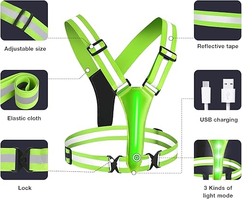 Gilet Riflettente di Sicurezza a LED - Giubbotto di avvertimento per Adulti/Bambini con 2 bande riflettenti, giubbotto per riflettore bicicletta regolabile per jogging, Corsa, Running, Ciclismo - Ysert