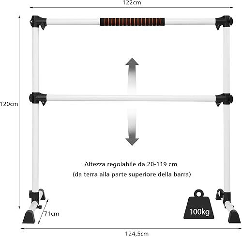 Barra Ginnastica Artistica in Metallo per Bambini, Sbarra da Danza Classica Regolabile in Altezza, con Cuscinetti Antiscivolo e Manopole, con Portata di 50 kg, 124,5 x 71 x 120 cm - Ysert