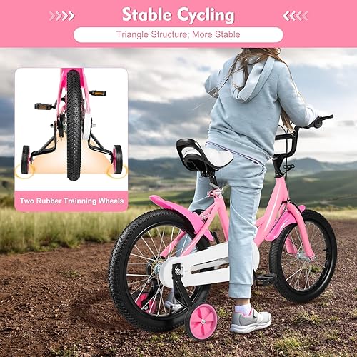 16 Pollici Bici per Bambino,Bicicletta Rosa con Ruota Ausiliare,Freno a Mano e Retropedale, 5-8 Anni Bambini Biciclette - Ysert