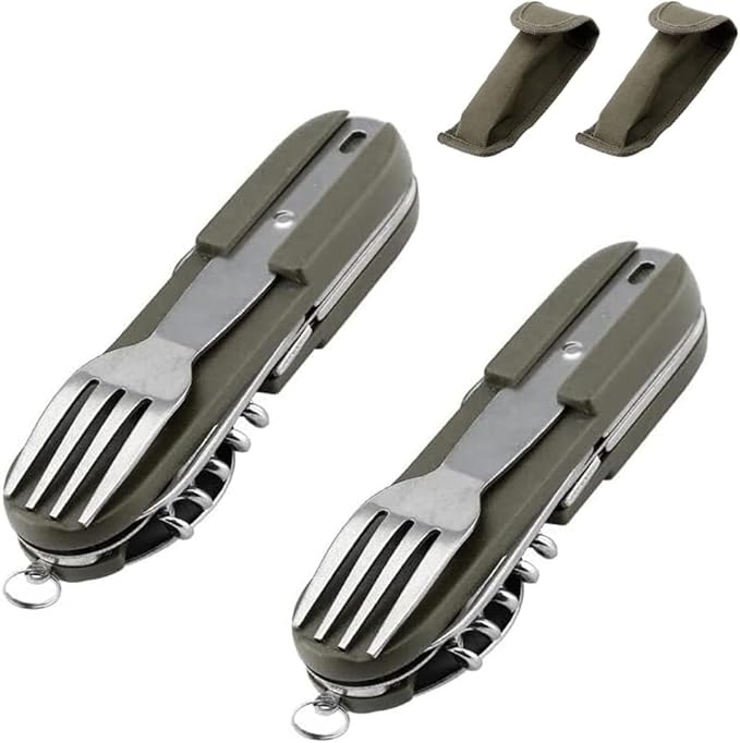 Posate da campeggio pieghevoli in acciaio inox, 2 posate pieghevoli da campeggio, colore verde, set di posate da viaggio pieghevole 6 in 1 - Ysert
