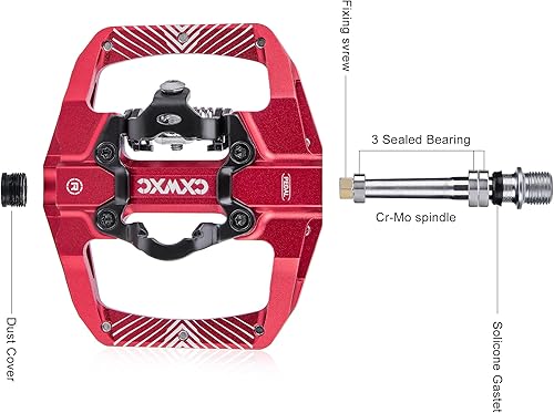 CXWXC Pedali Clic per bicicletta e piatti con 3 cuscinetti sigillati, lega di alluminio da 9/16 pollici, antiscivolo, piattaforma larga, pedali a scatto per MTB o bici da strada (rosso, M) - Ysert