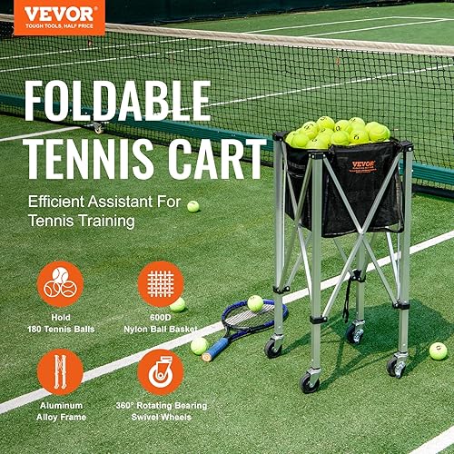 VEVOR Tramoggia per Palline da Tennis Pieghevole, Contiene 180 Palline da Tennis, Carrello didattico Sportivo Portatile in Lega di Alluminio con Ruote, Borsa Rimovibile, per Giocatore di Tennis - Ysert