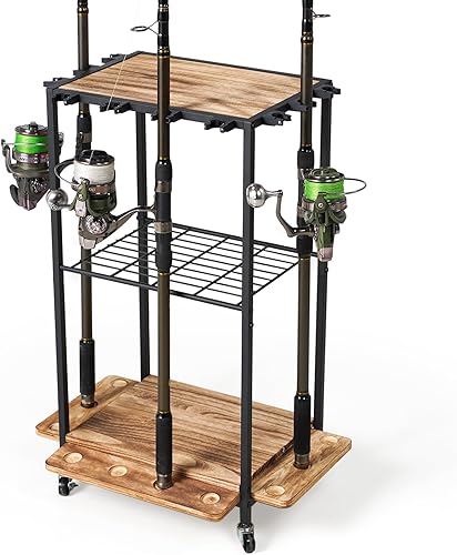 Porta Canne da Pesca, 3 Livelli Supporto per Canna da Pesca con Ruote, Legno Carrello Portacanne Girevole, Contiene Fino a 10 Canne da Pesca di Tutti i Tipi, per Garage, Casa Ingresso Angolo - Ysert