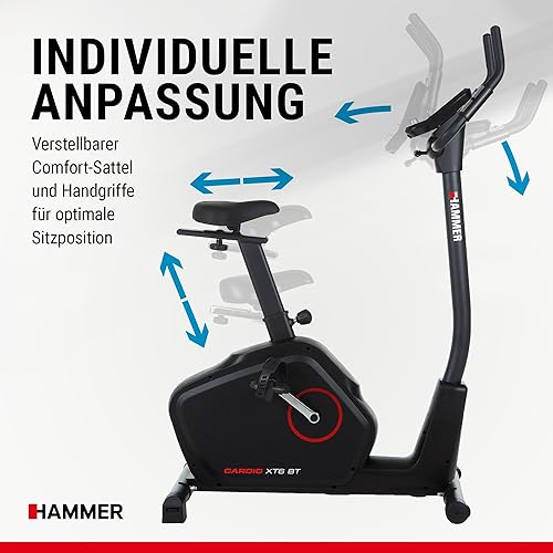 HAMMER 4862 Ergometro Cardio XT6 BT, bicicletta fitness silenziosa con entrata profonda e sella Comfort, sistema volano da 13 kg, controllo Bluetooth e app, peso utente 130 kg, 93 x 51 x 150 cm - Ysert