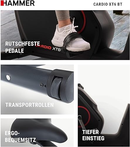 HAMMER 4862 Ergometro Cardio XT6 BT, bicicletta fitness silenziosa con entrata profonda e sella Comfort, sistema volano da 13 kg, controllo Bluetooth e app, peso utente 130 kg, 93 x 51 x 150 cm - Ysert