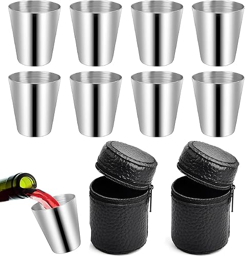 8 bicchieri in acciaio inox, 30 ml, impilabili, piccoli bicchieri in acciaio inox, impilabili con 2 custodie in pelle con chiusura lampo, per campeggio, picnic, escursionismo - Ysert