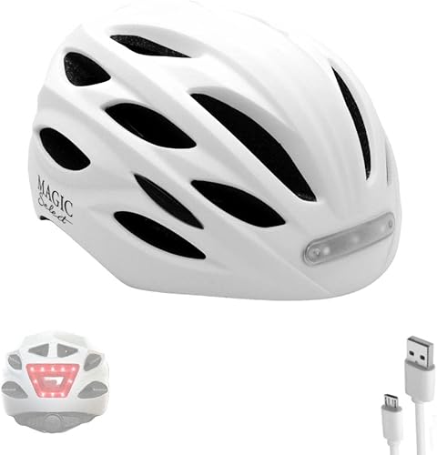Casco da Bici e Monopattino con Spia Rossa + Luce Anteriore Bianca. Casco MTB, Bicicletta, Scooter; Leggero con fodera staccabile, Guscio in PC + EPS, 14 Prese d'aria e Cavo di ricarica USB. - Ysert
