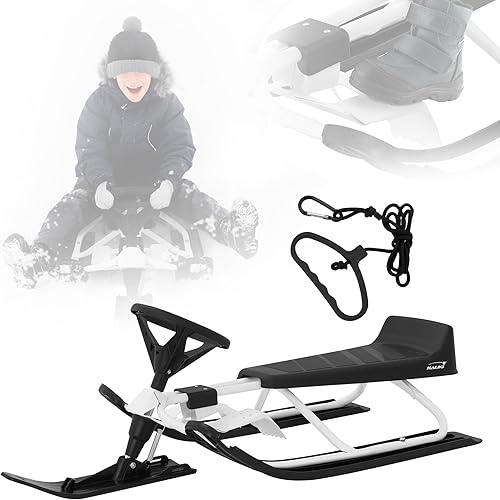 Slitta con Volante e Freno in Acciaio per Bambini a Partire da 5 anni Bob da Neve con Sedile e Schienale Slittino da Corsa Skibob per Adulti fino a 90 kg con Corda di Trazione - Ysert