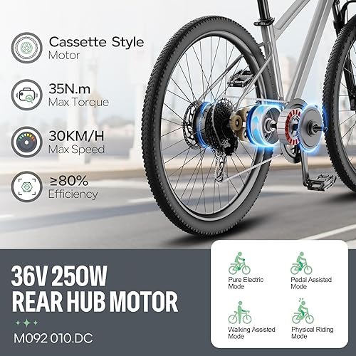 Motore al Mozzo Posteriore 250W 36V, Brushless Geared Motore Ruota Posteriore Bici Elettrica, Mozzo Ruota con Motore Elettrico per Bici 26/27,5/28 Pollici, 700C con LCD Display 500C - Ysert