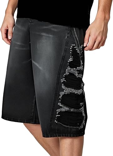 Pantaloncini da uomo corti baggy jeans Jorts Y2K Hip Hop pantaloni con gamba larga, in denim, pantaloncini da jeans, stile vintage, distressed Destroyed jeans con tasche - Ysert
