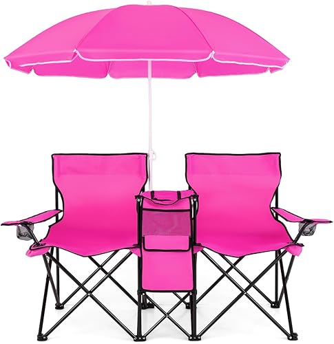 COSTWAY Set di 2 Sedie da Campeggio Pieghevoli, con Ombrellone e Tavolino Contenitore, Resistente e Leggero, Capacità 113 kg (blu) - Ysert