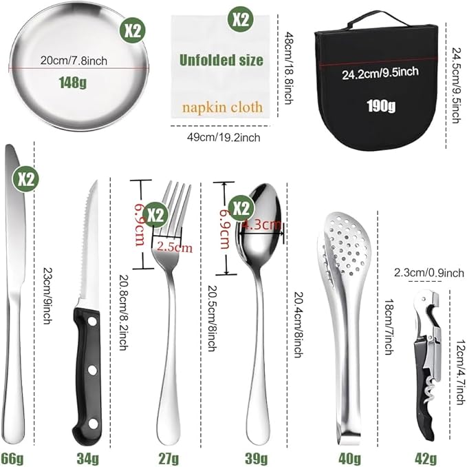 Set di Posate da Campeggio 13 pezzi, Borsa per Utensili da Campeggio in Acciaio inossidabile con Cucchiaio Posate Pinza Apribottiglie Piatto da Campeggio in Acciaio Inox kit Posate da Viaggio - Ysert