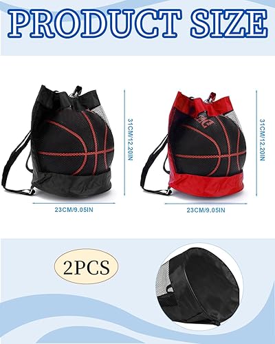 Borsa da basket in 2 pezzi, borsa per palloni pieghevole con coulisse, zaino da calcio multifunzionale, rete da tennis/pallavolo portatile (rosso e nero) - Ysert