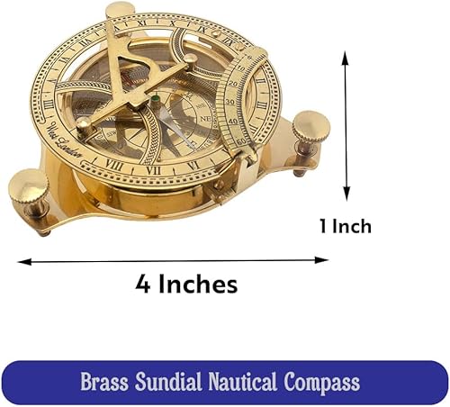 Bussola Sundial in ottone con scatola di legno, design antico, strumento nautico - Ysert