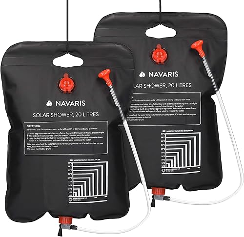 Navaris 2X Doccia Solare Campeggio Giardino - Serbatoio da 20L per Uso Esterno da Appendere - con Rubinetto soffione e Taschino - per Camping Spiaggia - Ysert