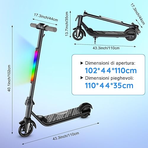 Monopattino elettrico per bambini 6-12 anni, motore 80W, velocità 6/12 km/h, autonomia 8 km, capacità 50 kg, display LED & luci arcobaleno, monopattino pieghevole per bambini - Ysert