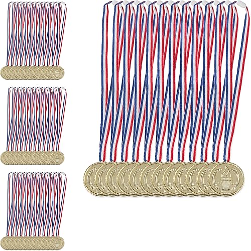 Relaxdays Medaglie d’Oro per Bambini in Set da 12, con Nastro, Fiaccola, Premio per Vincitori, 5 cm Ø, Plastica, Dorato, Poliestere - Ysert